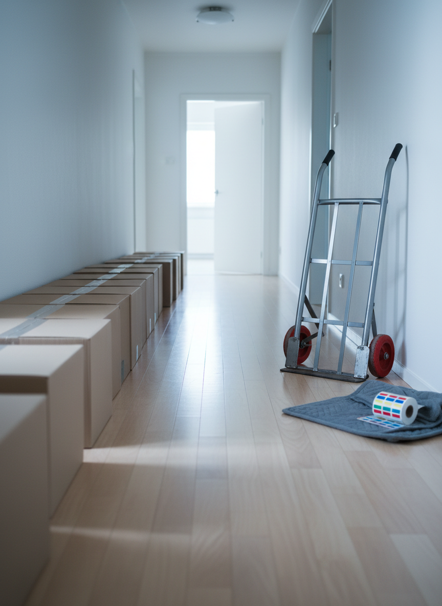 An empty, freshly cleaned apartment hallway with a smooth light-wood floor and white walls, where a narrow line of closed, pristine moving boxes forms a tidy path toward an open door at the far end. Near the foreground, a high-quality aluminum hand truck stands upright beside a folded moving blanket and a set of color-coded adhesive labels. Cool, diffused daylight comes from the distant doorway, drawing the eye forward and creating long, gentle shadows along the floor. Captured from a low, slightly forward-leaning angle, the composition creates depth and a sense of progression. The atmosphere is organized, composed, and hopeful, suggesting a smooth transition to a new home. The style is clean, minimalist photographic realism with neutral tones and a corporate, trustworthy aesthetic.