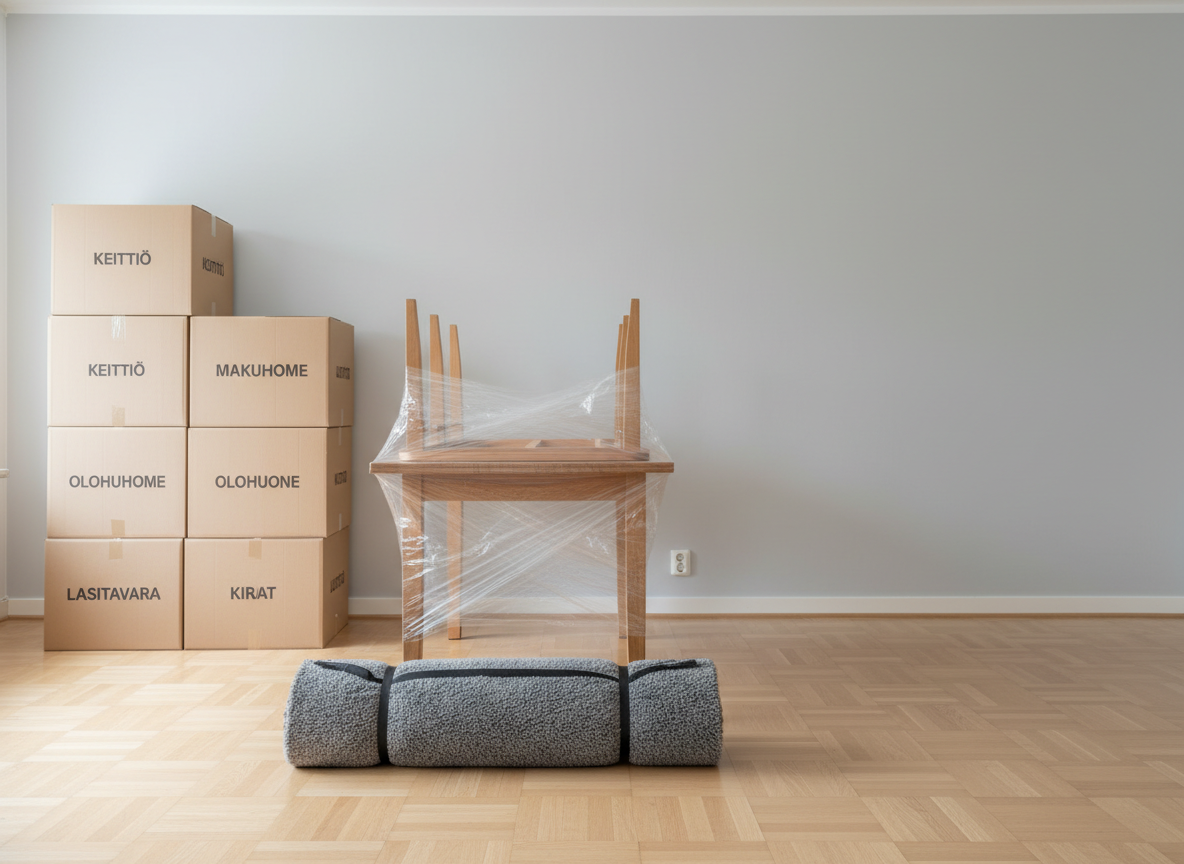 A bright, well-organized living room mid-move, with uniformly sized, high-quality cardboard boxes neatly stacked against a pale grey wall, each labeled in clear printed text such as “keittiö” and “makuuhuone.” A disassembled wooden dining table is carefully wrapped in transparent protective plastic, and a rolled grey rug is secured with moving straps on a clean parquet floor. Soft natural daylight enters from an unseen window, creating balanced, neutral illumination and subtle reflections on the floor. The composition follows the rule of thirds, captured from a slightly elevated angle with moderate depth of field, keeping all elements crisp yet uncluttered. The mood is calm and reassuring, emphasizing order, preparation, and a stress-free move, rendered in clean, photographic realism with a corporate, structured layout suitable for a professional moving company site.